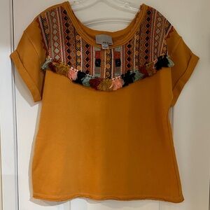 Anthropologie Chloe Oliver tassle shirt mustard yellow size Large